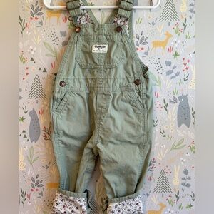 Oshkosh Baby B’gosh Like New Minty Green Floral Lined Cuff Overalls sz 18 Months